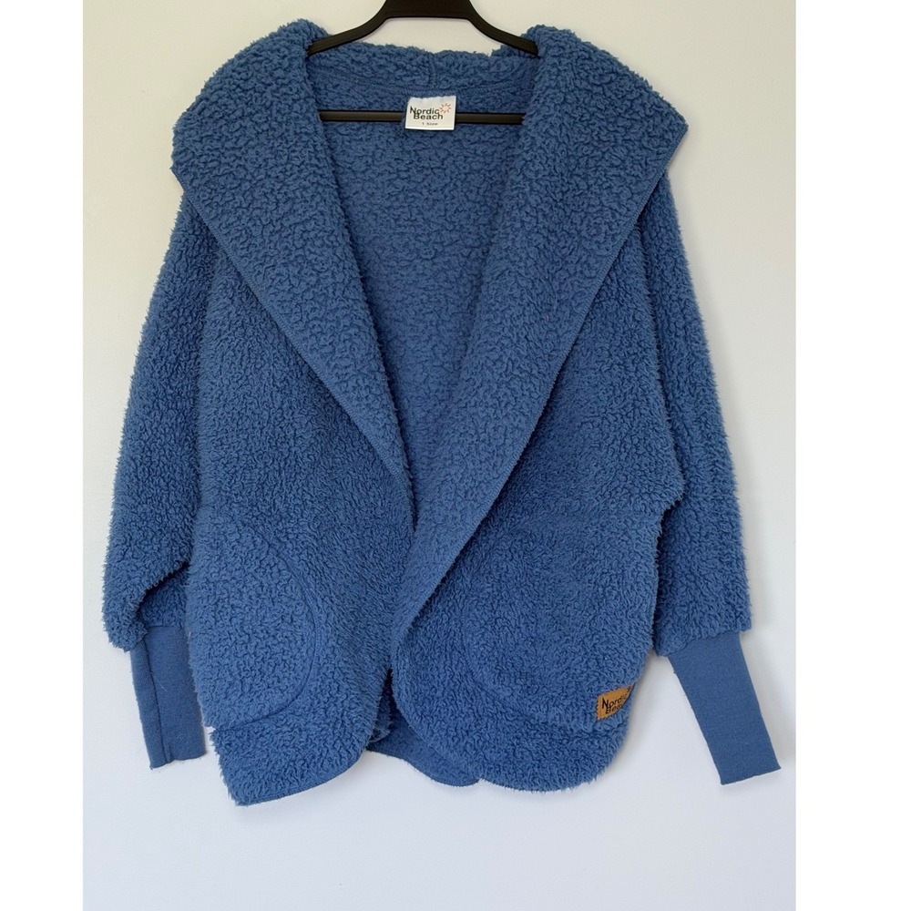 Nordic Beach Body Wrap Hooded Cardigan Blue Sherpa Fleece One Size OS